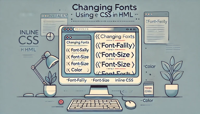 demonstrating changing fonts using inline CSS in HTML. The image shows a basic webpage with styled text, showcasing properties like font-family, font-size, and color, applied to headers and paragraphs.